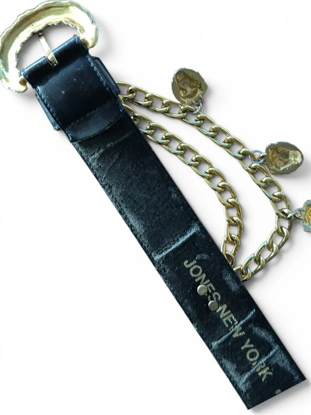 Vintage Jones New York Lion Heads Chain Belt Black Gold Tone Buckle Med AS IS